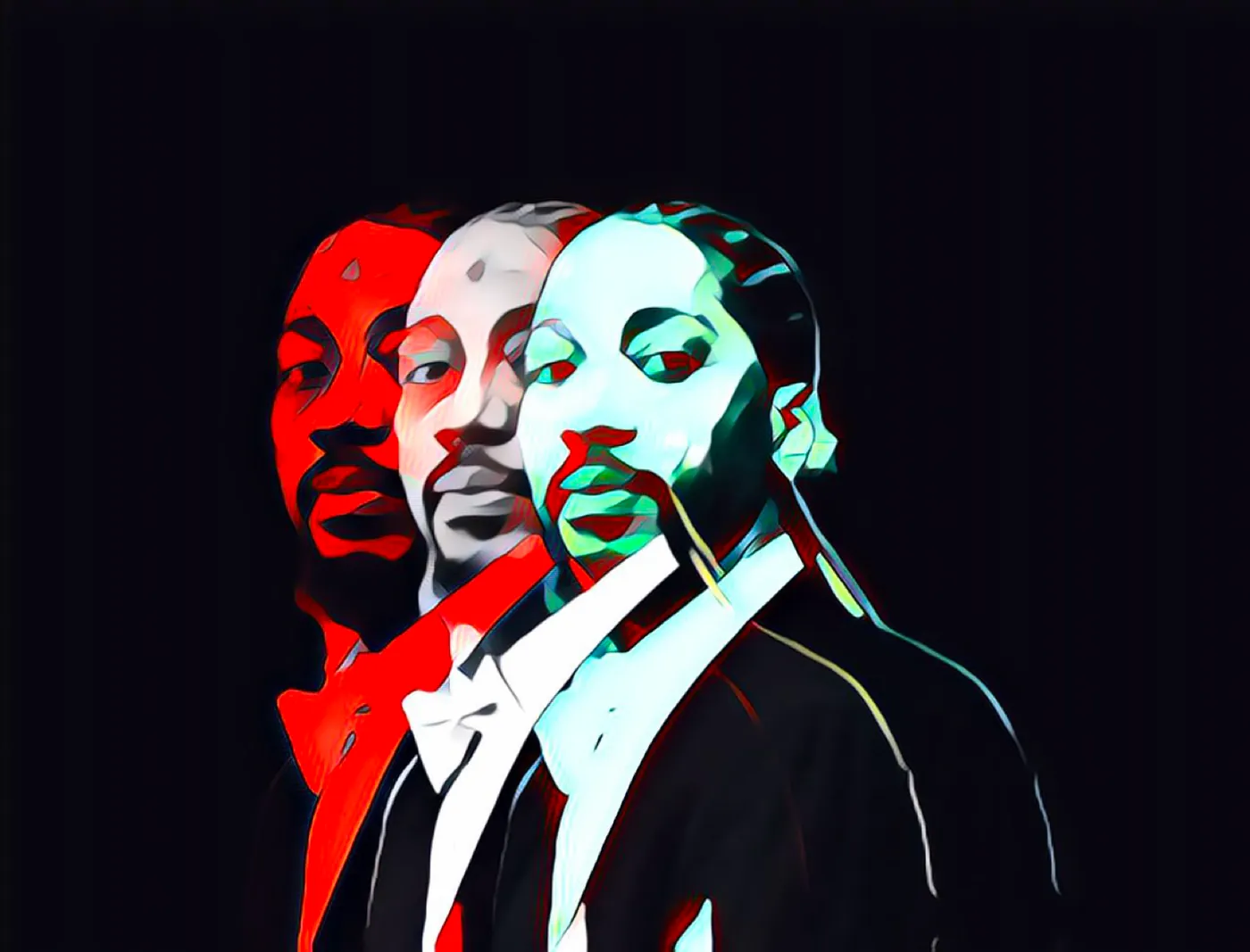 Stylized triptych portrait of Jerome Robert Smith in a tuxedo